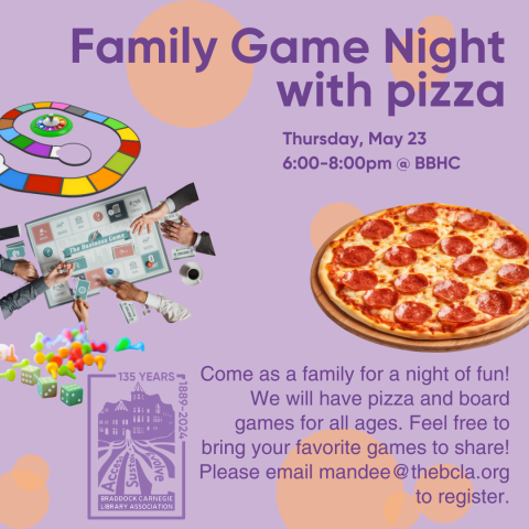 Promotional image of pizza and board games