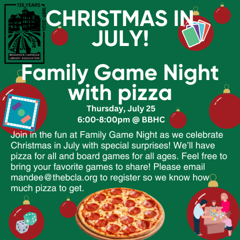 Promotional image with Christmas ornaments, board games, and a pizza.