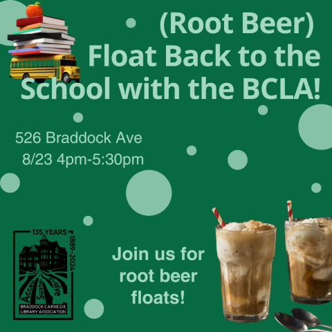 promotional image with root beer floats and a stack of books with an apple on top