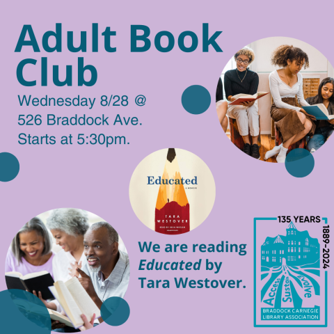 Promotional image with adults looking at books together and the cover of Educated by Tara Westover