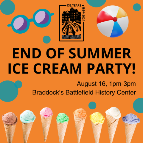 Promotional image with ice cream cones, sunglasses, and a beach ball