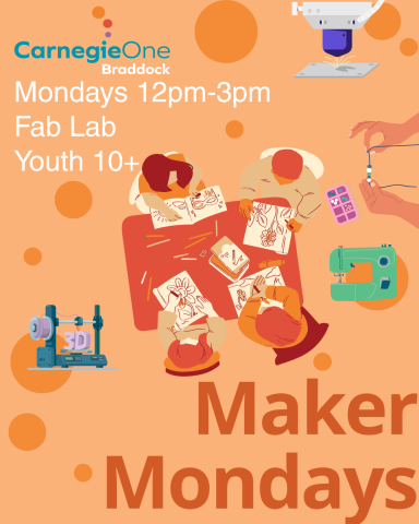 Children around a table working. A 3D printer, a sewing machine, and a laser engraver.