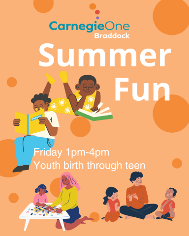 Children reading; a child working on a puzzle with an older teen or adult; two children sitting on the floor with an adult