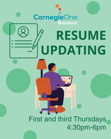 Man sitting at a computer. Grahpic of a resume.