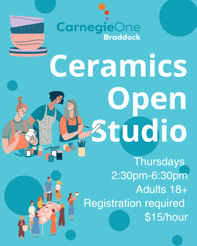 a pile of bowls; a woman leading two people in working with clay; a group of people doing ceramics around a table