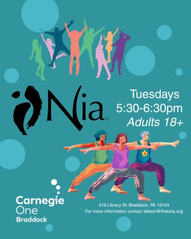 colorful silhouettes of people dancing/moving; three people posing