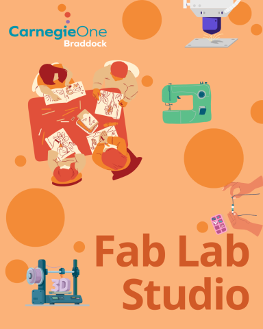 people around a table working on a craft; sewing machine; laser etcher; 3D printer