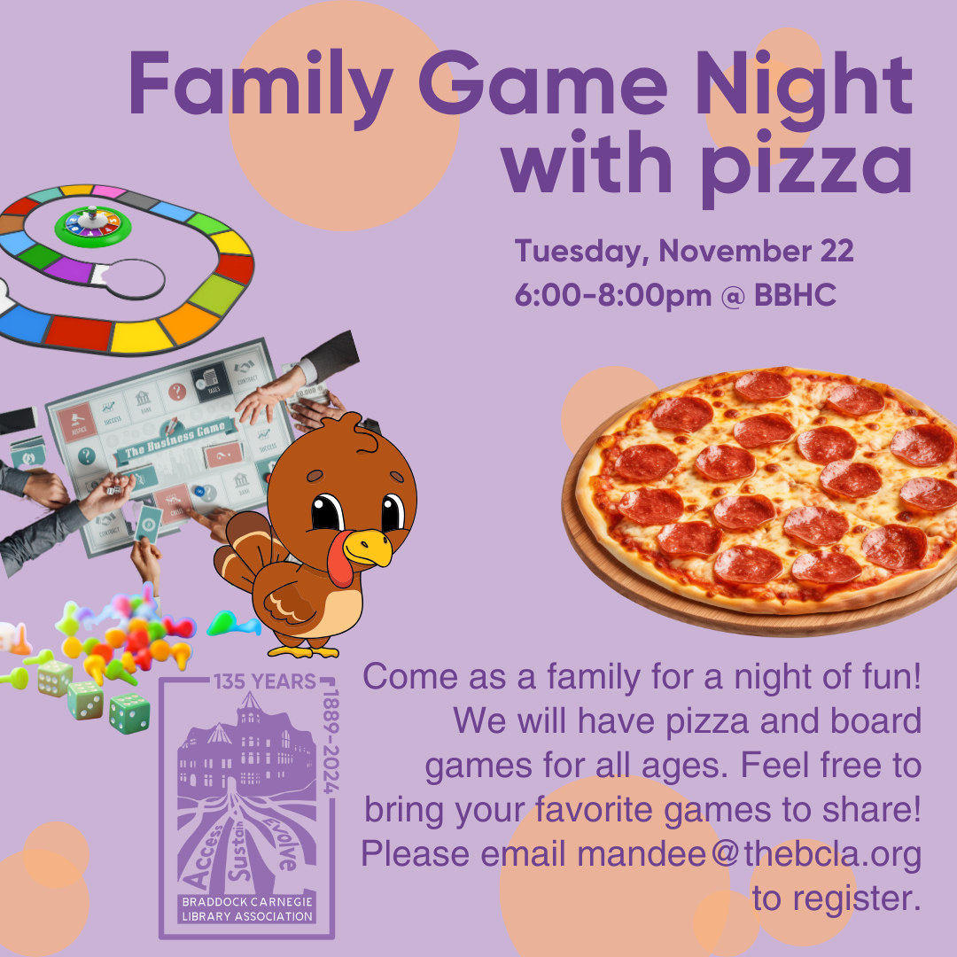 Promotional image with board game pieces, a pizza, and a cartoon turkey