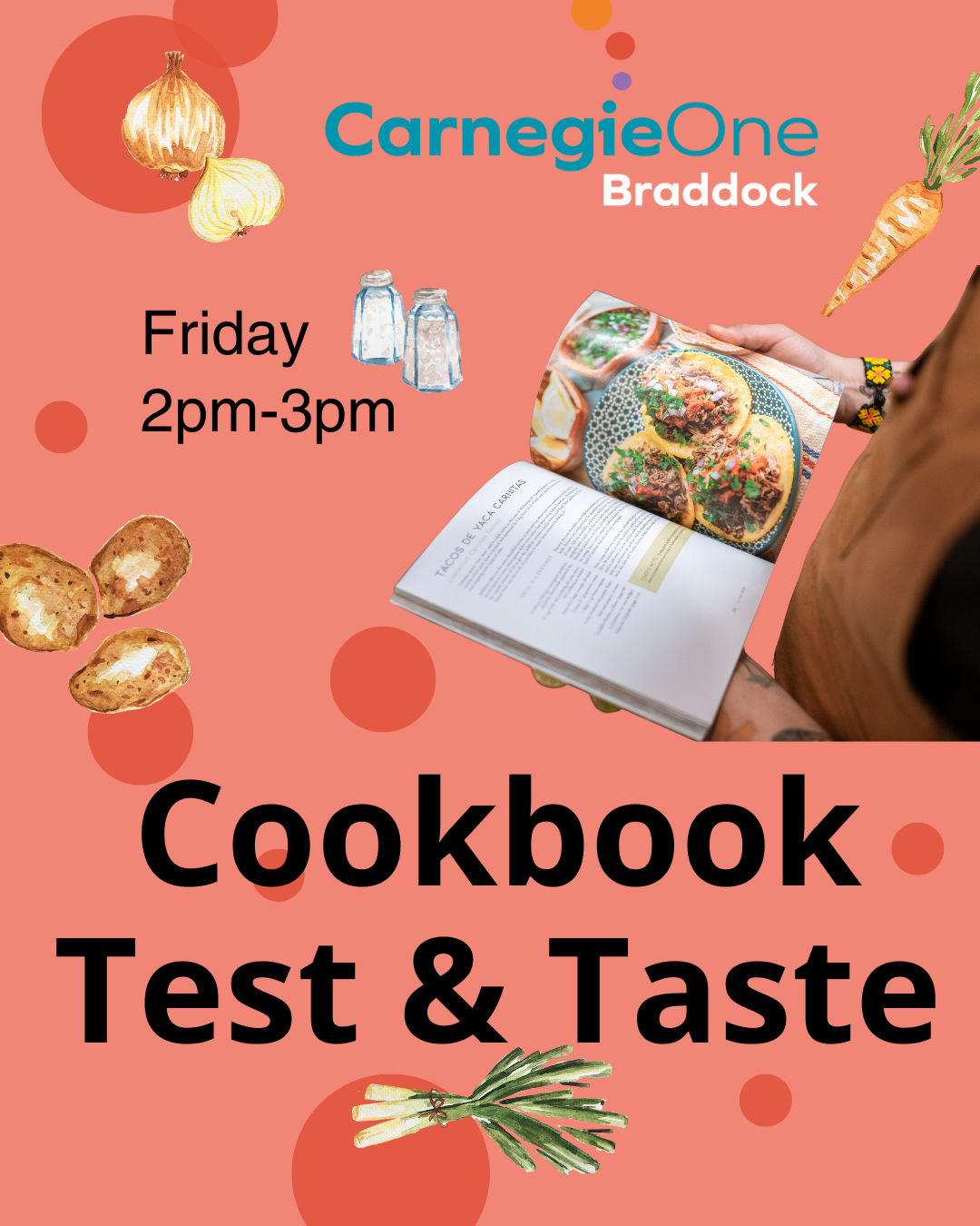 Person holding a cookbook; illustrations of various ingredients