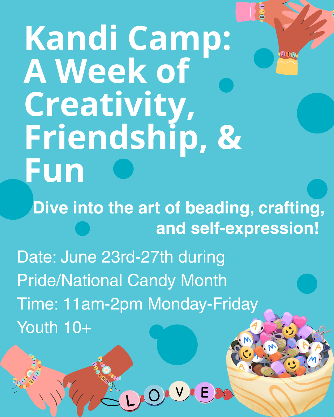 Pictures of beaded bracelets and hands and a bowl of beads