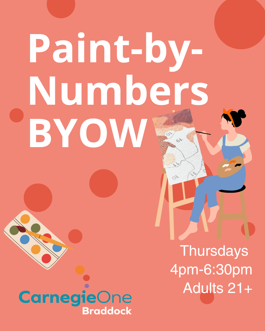 woman sitting at an easel painting, a palette of colors