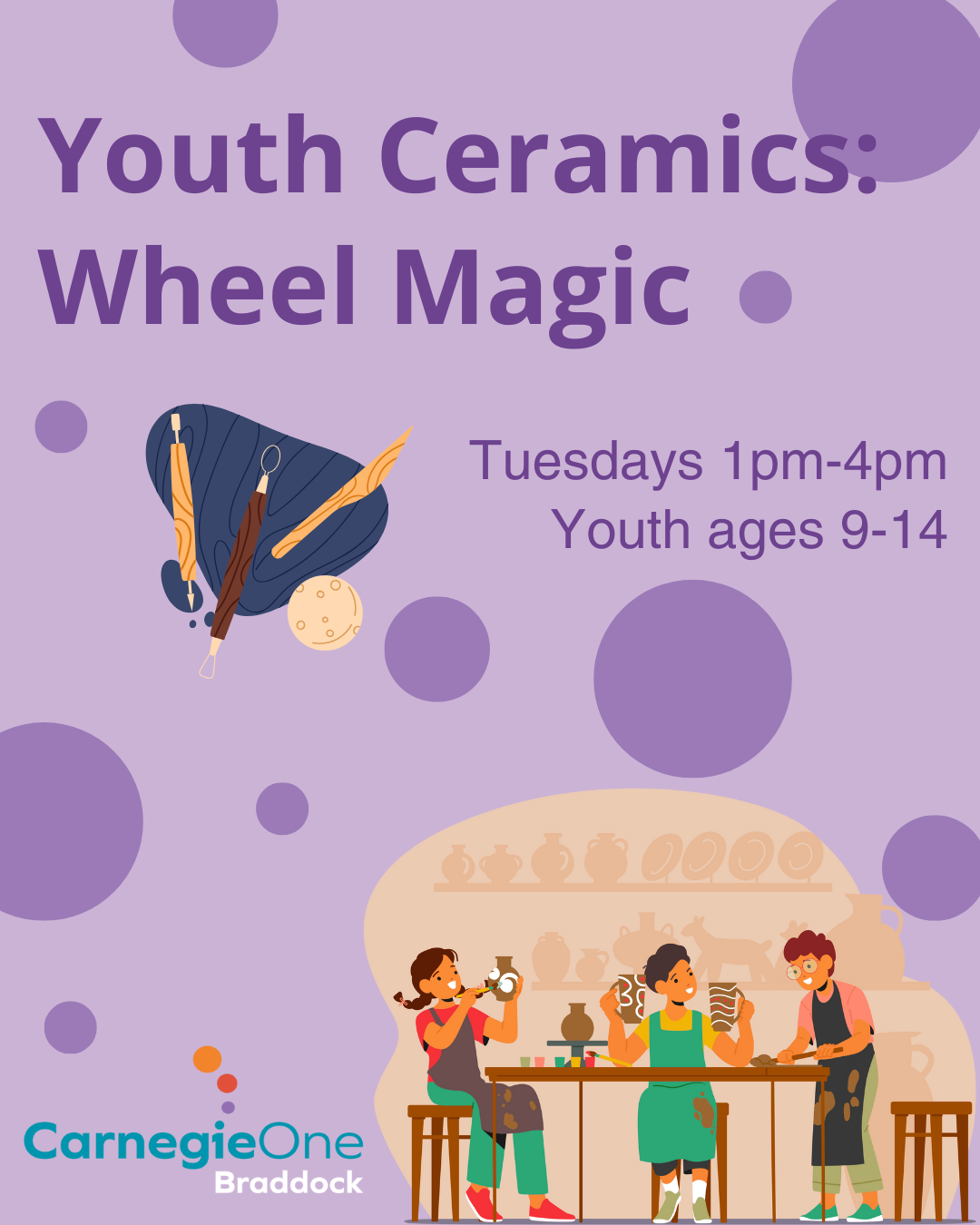 Ceramics tools; three people sitting at a table working with clay