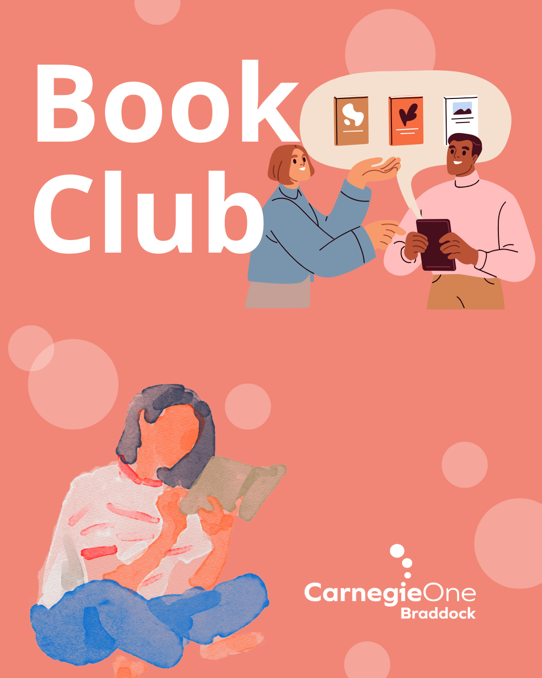 a woman sitting cross-legged reading; two people conversing with a speech bubble showing books