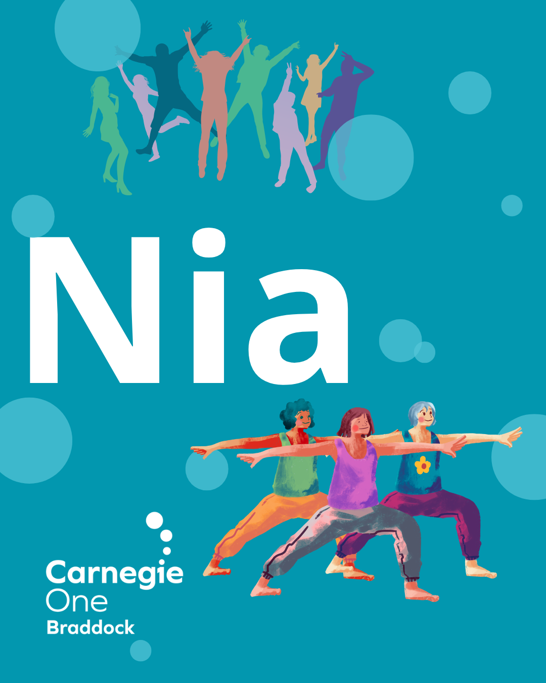 colorful silhouettes of people dancing/moving; three people posing