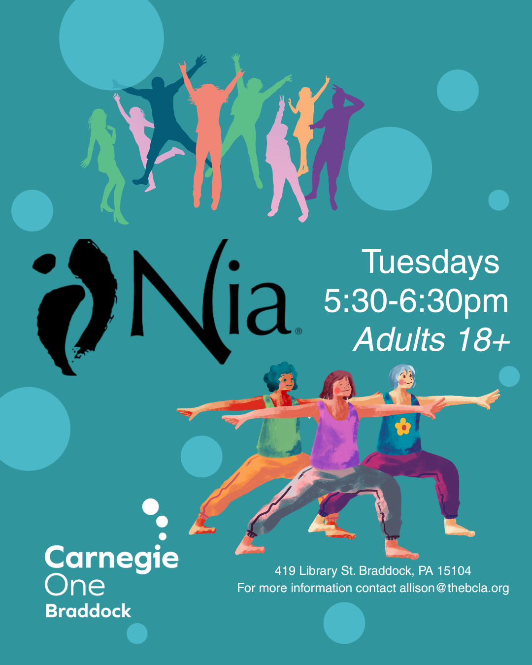 colorful silhouettes of people dancing/moving; three people posing